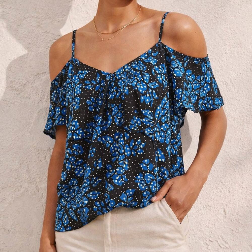 NEW Diane von Furstenberg Silk Ruffle Top Blue Floral Cutout Shoulder S Romantic